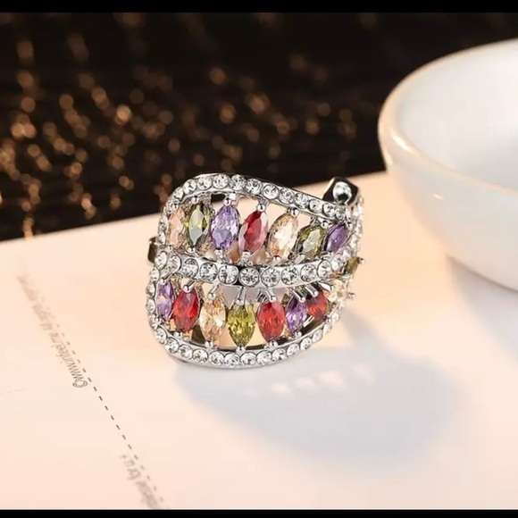 Jewelry - New Silver Rainbow Rhinestone Crystal Ring